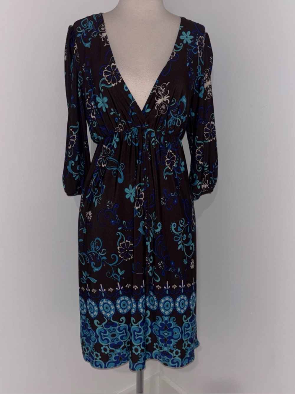 Black Floral Midi Dress with Blue Accent Pattern #227